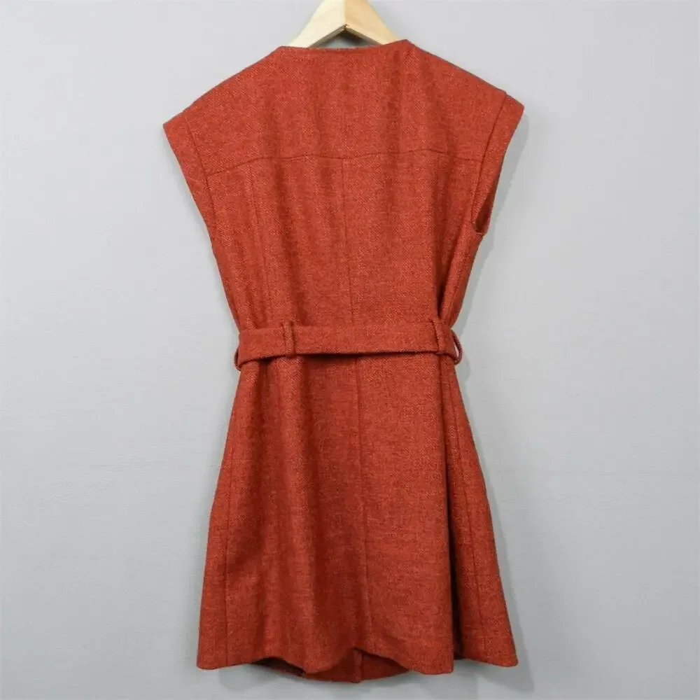 Anthropologie Tabitha Blustery Days Vest Size 6 Rust Orange Tweed Belted Jacket - Picture 12 of 15